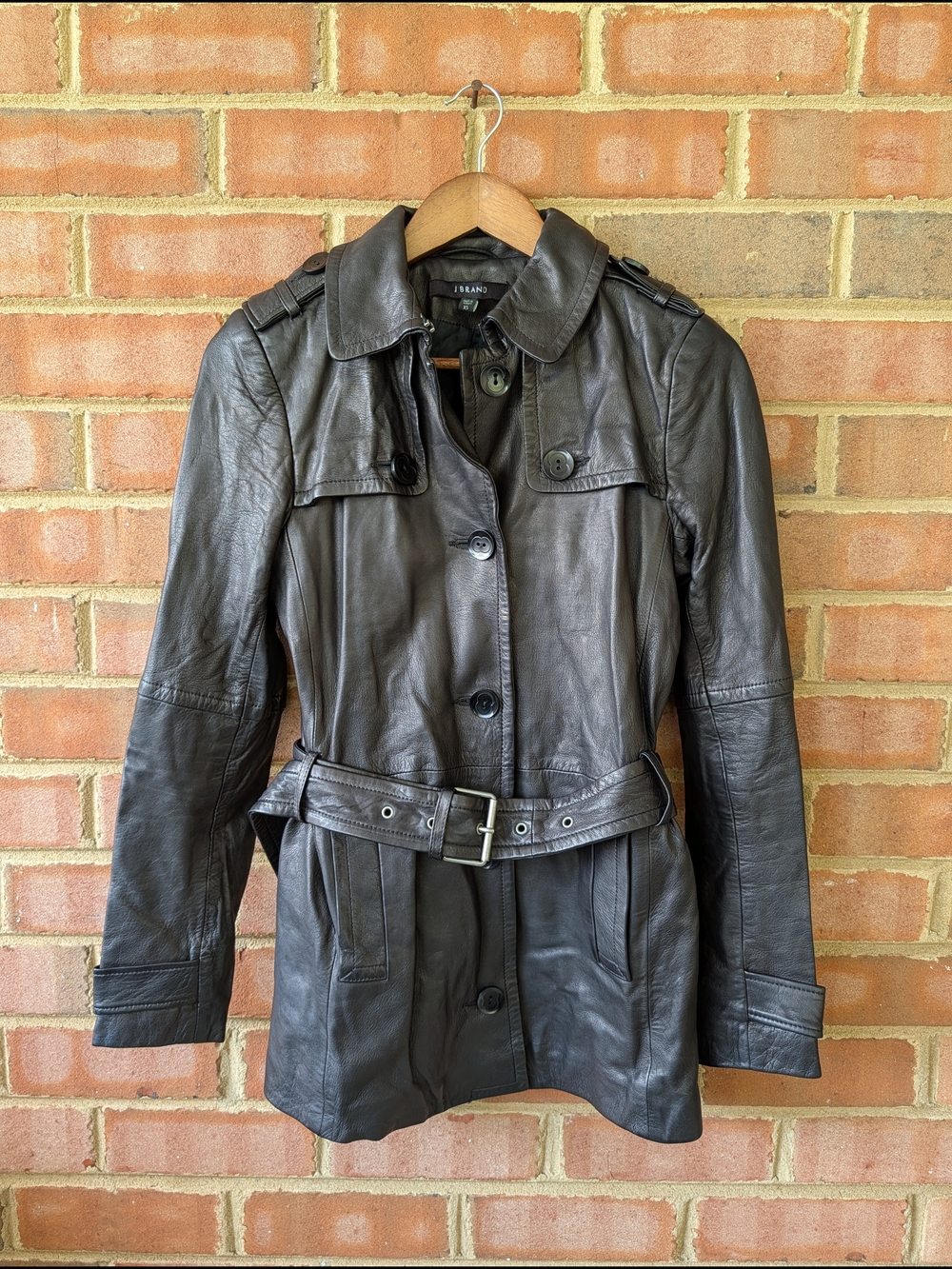 J Brand Black Lamb Leather Jacket Trench Coat Size XS Belt Buttons Mob Wife